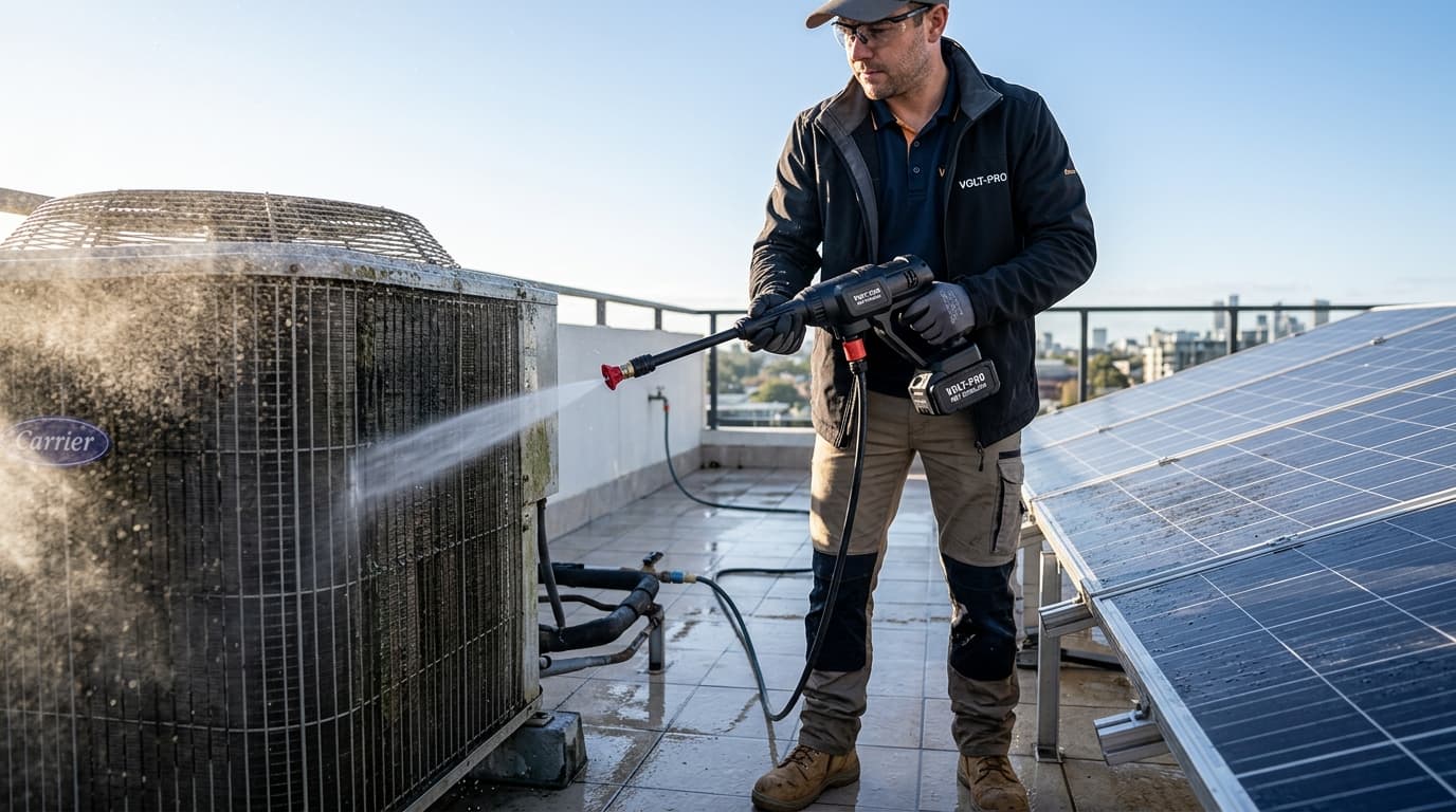 Technician using cordless washer to clean outdoor air conditioner condenser fins and solar panels
