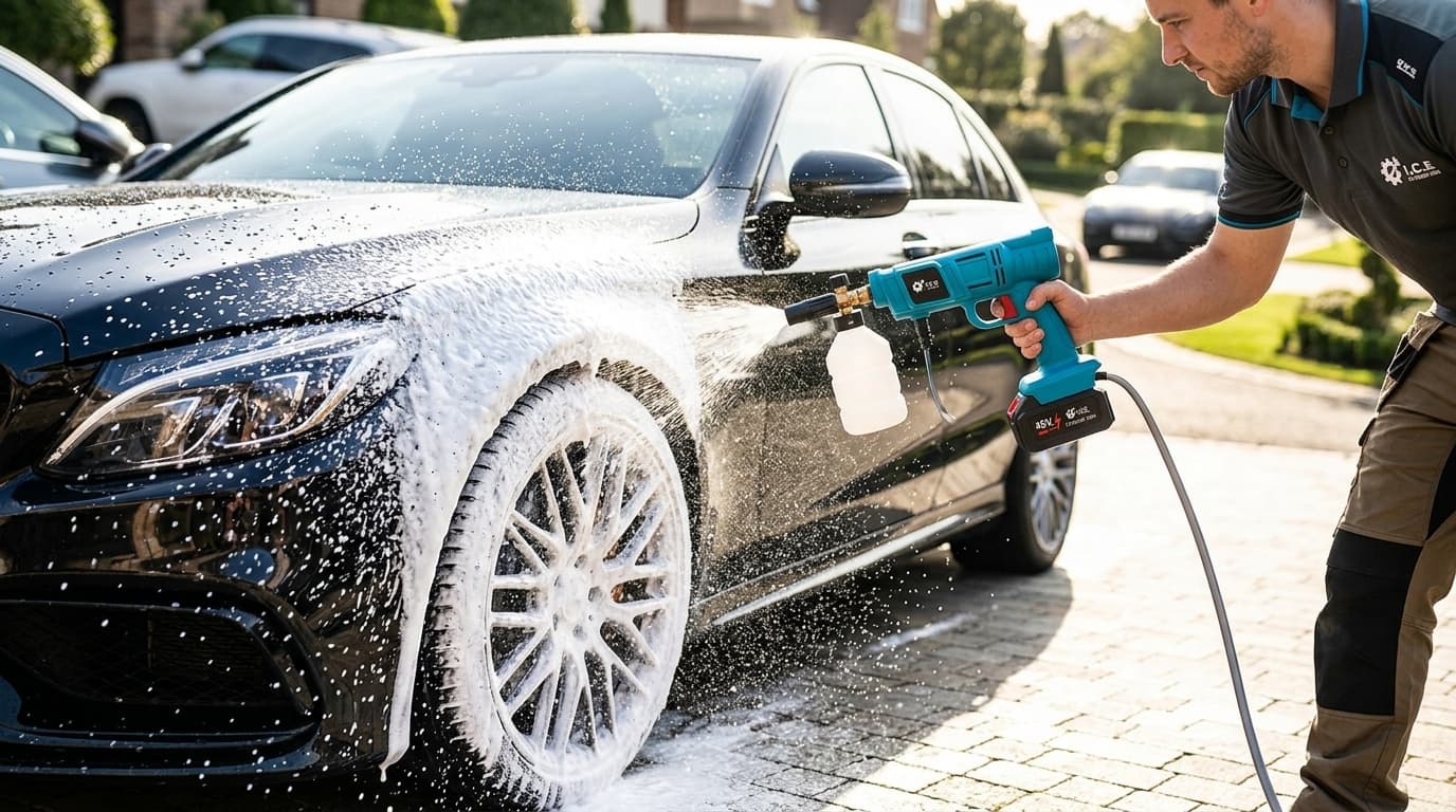 I.C.E cordless gun washing luxury car with thick snow foam cannon