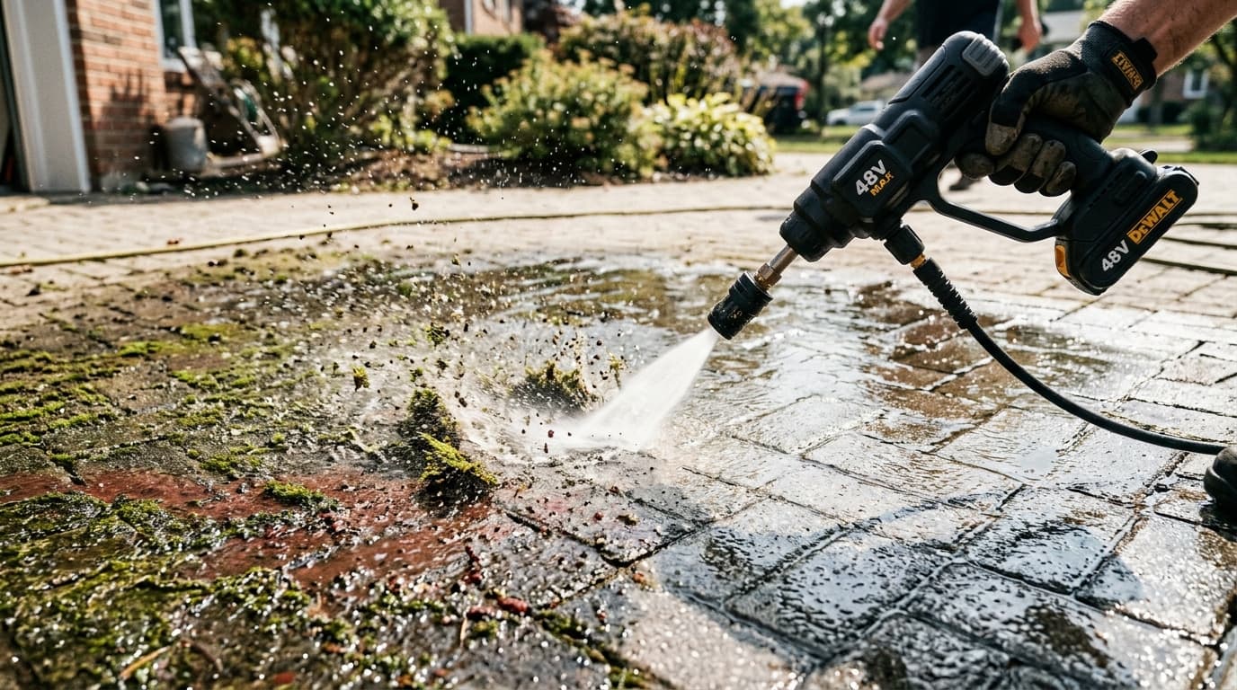 48V cordless pressure washer blasting green moss and red dirt off interlocking paving stones