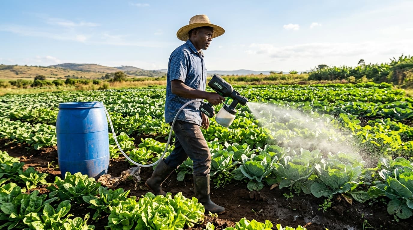 African farmer using 48V power spray gun to spray crops and vegetable beds in the field
